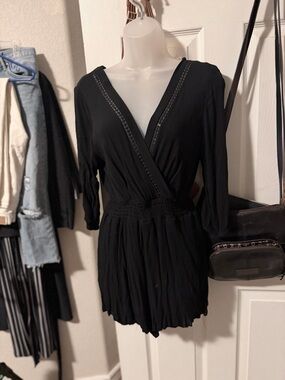 City Chic Black Textured V-Neck Romper